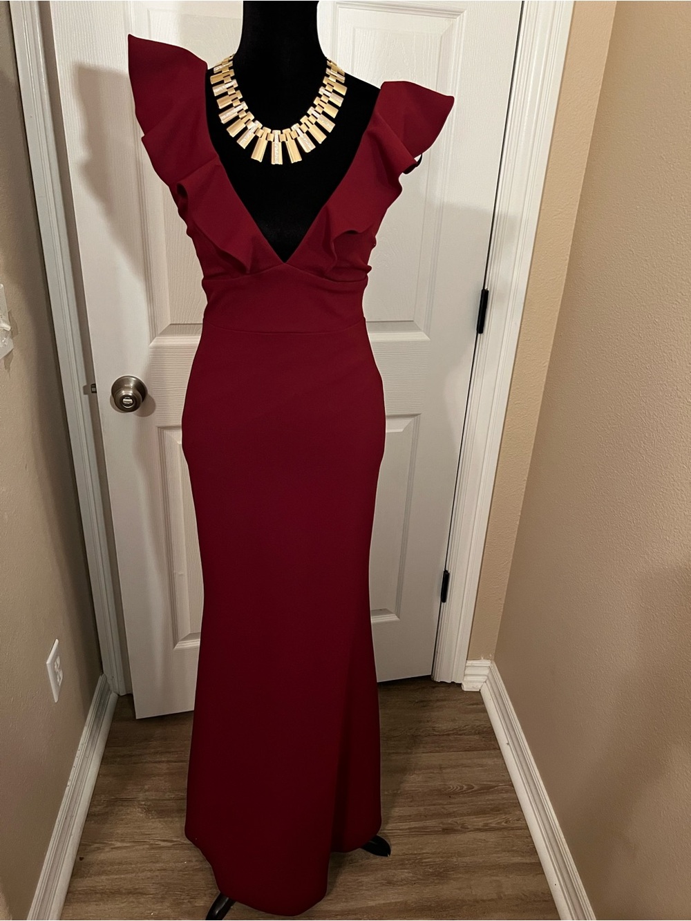 Lulus Elegant Burgundy Ruffle V-Neck Evening Gown